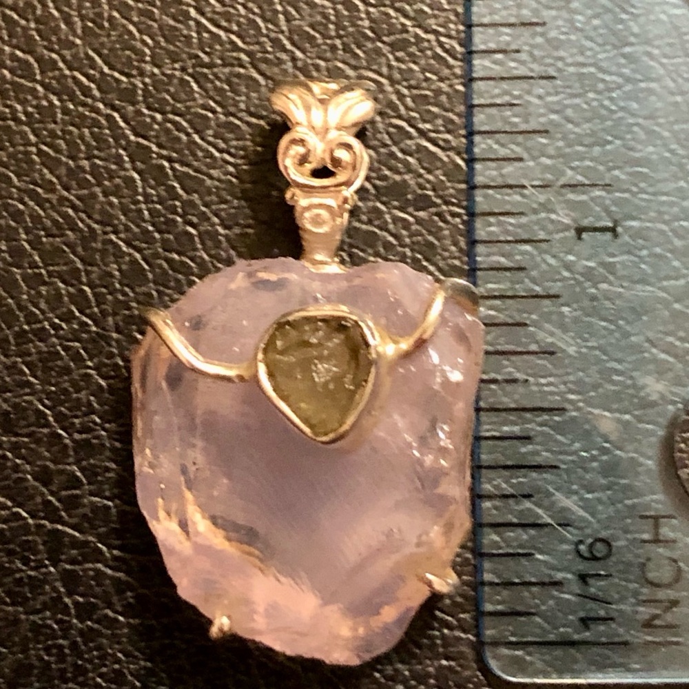 Sterling silver and genuine lavender quartz and moldavite pendant